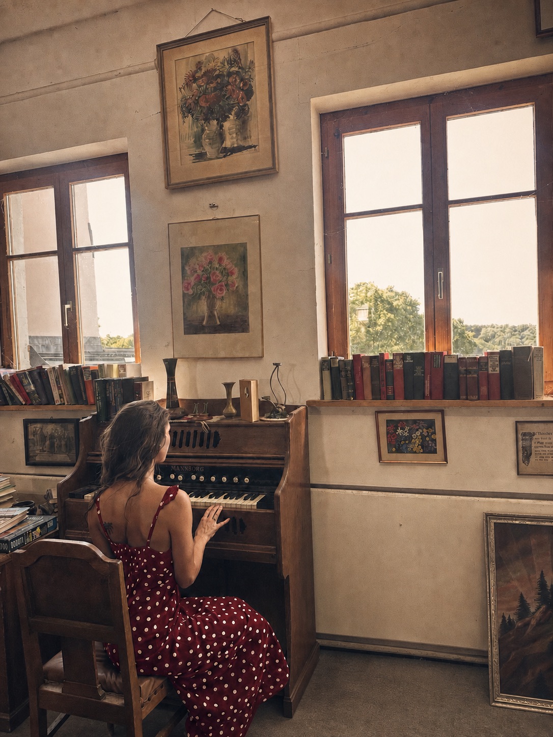 Founder seated at a piano in a room of books